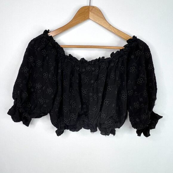 Surf Gypsy Black Floral Eyelet Ruffle Puff Sleeve  Crop Top M - Picture 10 of 12